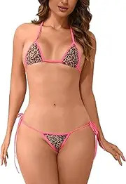 [Oneheekini] Women Sexy Swimsuit Halter String Triangle Micro Thong Bikini Leopard Mesh Bathing Suit Cheeky 2pcs Swimwear