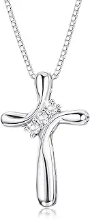 [Kakonia] 925 Sterling Silver Cross Pendant Necklace for Women 3-Stone Cubic Zirconia Pendant with 1MM Box Chain, 17.7''
