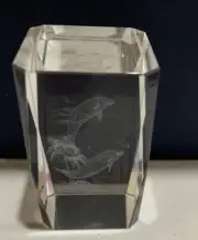 3D Laser Etched Glass Crystal Cube DOLPHINS Seagulls Palm Trees Paperweight