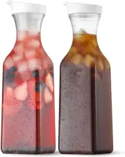 Plastic 50 Oz Water Carafe Flip Top Lid 2 Set Square Base Juice Containers Clear