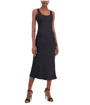 Anne Klein Womens Solid Bias Cut Midi Dress, Black, 8