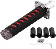 Universal Japanese Sword Shift Knob, Carbon Steel Cool Katana Car Gear Shift with 4 Adapters, for Lock/Button Automatic Transmission(Black + Red)