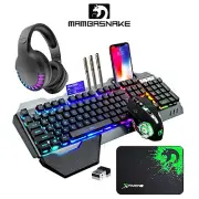 Full size Wireless Gaming Keyboard Mouse and Bluetooth Headset Set RGB Light PC