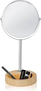 Clevinger Vanity Round Tabletop Mirror with Bamboo Storage Tray, Double-Sided Tabletop Makeup Mirror with 1x/3x Magnification, 360° Swivel Personal Desk Mirrors for Bathroom Bedroom