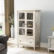 VINGLI Display Cabinet with Glass Doors and Drawer, Tempered Glass Cabinet Display Case, Rustic White Storage Cabinet with Doors and Shelves, Showcase Display Cabinet w/Cedar Finish & Solid Wood Leg
