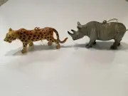 Set of 2 African Animal Christmas Ornaments Rhinoceros and spotted leopard