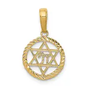 14K Yellow Gold Star Of David And Chai In Circle Pendant