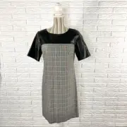 DKNY Black Faux Leather Top Plaid Shift Dress Size 4