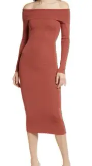 Bardot Off Shoulder Knit Dress Chestnut Bodycon Rib Knit Revolve XL NWT $129