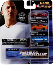 Jada Fast & Furious Nano Rides Dom's Dodge Charger Daytona, Brian's Toyota Supra and Brian's Ford Escort, 1.75"