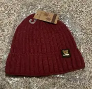 Kids unisex Cozy red knit beanie with 'Happy' label.