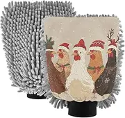 XYMZR Chickens Christmas Hats Absorbent Microfiber Car Wash Mitt, Funny Cute Anime Scratch Free for Cars Cleaning, Home Cleaning Mitts, 2 Pack, 10.24” L x 7.09” W