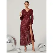 Women's Sequin Dress Vintage Dress Sequins Split Thigh Long Sleeve Cocktail Party Red