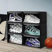 Stacked 6PCS Shoe Storage Box Sneaker Display Case with Magnetic Clear Door, Anti-Oxidation Dustproof Organizer for Collectible Shoes, 35.5x26x21cm Black Plastic Stackable Containers