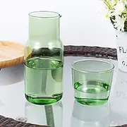 Bedside Water Carafe with Tumbler Glass Water Pitcher with Cup Large Capacity Nightstand Carafe Set Vintage Bedside Glass Carafe Set Night Water Pitcher for Bedroom Office 17.5oz (Green)