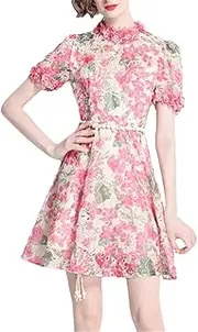 [Generic] Womens Floral Embroidery Lace Mini Dress Puff Sleeve Stand Collar Hollow Out Lace Up Beach Short Dresses