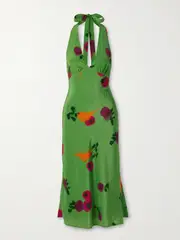 [STAUD] STAUD - Lucca Printed Silk-crepe Halterneck Midi Dress - Green - small small Green