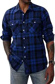 [PJ PAUL JONES] Mens Flannel Plaid Shirt Casual Long Sleeve Button Down Shirts with Pockets