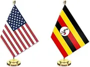 2 Pack Uganda American Desk Small Flag Set,5×8 Inch Ugandan Mini Desktop Table Banner,12" Metal Solid Pole Decor,Tiny Digital Printed Polyester Banner With Golden Base