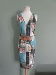 NWT DONNA KARAN BLACK LABEL linen viscose stencil patchwork dress US 6
