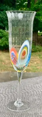 Stunning Murano Hand Blown Champagne Glass Millefiori Flute Signed 9.5" RARE