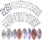 13 Sheets Black Nail Stickers Boho Retro Nail Decals Black Nail Tattoos Water Transfer Nail Decals Nails Supply Necklace Jewelry Feather Nail Design for Women Nail Art DIY Decoration