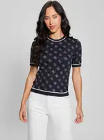 GUESS Women's Navy Logo Rosie Knit Top Size: Medium, Viscose Rayon
