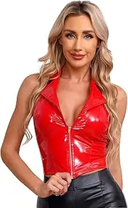 [Miutii] Women's Halter V Neck Backless Zip Up Front Crop Tank Top Vest Moto Slim Fit Waistcoat