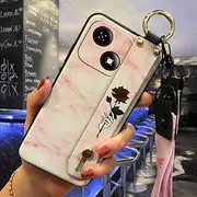 Phone Case Compatible with ZTE Blade A35E, Fashion Design Waterproof Back Cover Lanyard Flower Wrist Strap Wristband Shockproof Protective