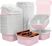 QZV 50 Pack Mini Square Cake Pans with Lids, 5 oz Disposable Ramekins Cupcake Cups Containers,Mini Cake Baking Pans for Cheesecakes, Puddings, Brownies-Pink