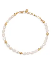 Ettika Pave & Cultured Freshwater Pearl Polished Pebble Beaded Ankle Bracelet in 18K Gold Plated