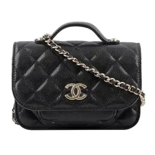 【CHANEL 香奈兒】金色CC Logo 粒紋牛皮迷你二用郵差包(黑色)