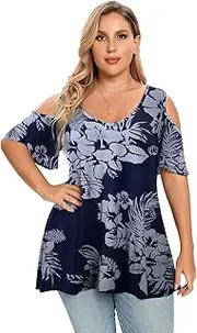 [LARACE] Cold Shoulder Tops For Women Plus Size Tunic V-neck Ruffle Sleeve T-shirts Loose Summer Clothes