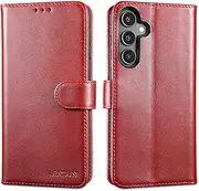 [Lensun] Leather Case for Samsung Galaxy A35, Genuine Leather Case Foldable [Card Slot] [RFID Protection] [Stand Function] Flip Mobile Phone Case for Samsung A35 5G - Wine Red