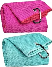 2 Pack Tri-Fold Microfiber Towels Set with Carabiner Clip - Waffle Pattern Golf Towels for Bags - Outdoor Sports Towel Gifts (2 Pcs Pink +Turquoise Blue)