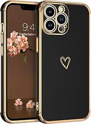 GUAGUA Case for iPhone 13 Pro Max, 13 Pro Max Case Luxury Electroplate Edge Bumper Cute Heart Pattern Cover Women Girl with Camera Protection & 4 Corners Shockproof Protection Phone Case 6.7" Black