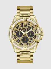 GUESS Gold King Animal Print Dial Link Watch