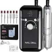 Bouzaak Portable Nail Drill 45000 RPM,Rechargeable Electric Nail File with 6 Drill Bits for Acrylic Gel Nails,Cuticle Removal for Home Manicure Salon (Black)
