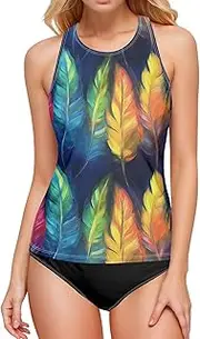 [AIXIWAWA] Women's Tankini Tops-Rainbow Feather, Swimsuit Top for Beach Pool Vacation S