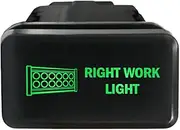 12V 3A ON-OFF Horizontal Push Switch 8C59SG Laser etched RIGHT WORK LIGHT dual LEDs in GREEN For Toyota Hilux LandCruiser 70 100 Kluger Prado 120 HiAce FJ Cruiser and more