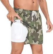 [GuoChe] Swim Shorts for Men Mens Double Layer Workout Shorts Camouflage Green Trendy Style Camo with Compression Liner and