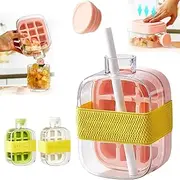 Ice Cube Bottle, Creative Ice Cube Maker with Portable Kettle, 2 in 1 Touch-Free Ice Cube Tray Water Bottles with Lid and Bin Straw, Easy Press to Release Vertical for Freezer (Pink,500ml)