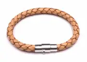 Tan Braided Natural Leather and Stainless Steel Bracelet Magnet Clasp
