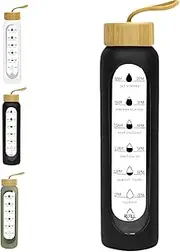 1litre Glass Drink Bottle with Silicone Sleeve, Borosilicate Glass Water Bottle with Time Markings and Bamboo Lid, Wide Mouth (Black Silicone Sleeve, 1000ml)