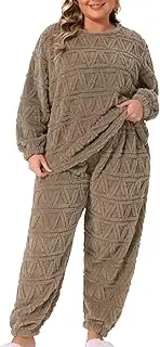 [Agnes Orinda] Plus Size Fleece Fluffy Pajamas Sets for Women Long Sleeve Pullover and Pants Set Fuzzy Lounge Sleepwear