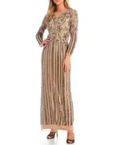 NWT Aidan Mattox Fully Beaded Mesh Boat Neck Long Sleeve Formal Gown - Size 8