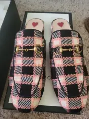 Gucci Princetown Tweed Check Plaid Horsebit Flat Mule Slide Sandals Shoes 38