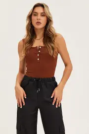 Brown Button Front Rib Bodysuit - Size XS, Women's Bodysuit