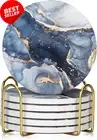 6 Pcs Navy Blue Marble Ceramic Coasters Set w Holder, Absorbent Drink Coasters
