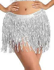 [BFONS] Sequin Tassel Skirt Belly Dance Hip Scarf Wrap Sparkly Tinsel Fringe Skirt Rave Festival Outfit Halloween Costume for Women